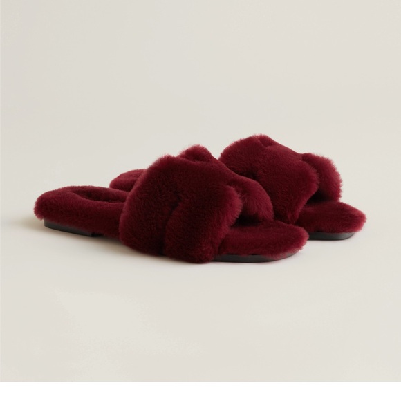Brand new Hermes oran sandals shearling rouge H burgundy 39.5 - Picture 1 of 1